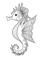 Sea doodle coloring book page seahorse