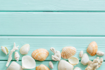 Fototapeta na wymiar Summer at the sea design for blog with shells on mint green wooden background top view copy space
