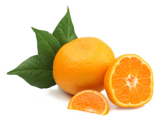 Tangerine and slices isolated on a white background.
