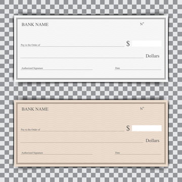 Set of blank bank check with shadow on a transparent background