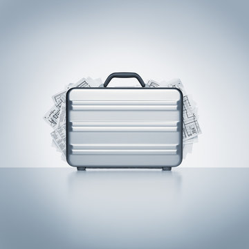 Conceptual image of contemporary aluminum briefcase revealing confidential plans, reports, and paperwork.