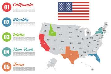 USA map infographic. Slide presentation. USA states business marketing concept. Color states