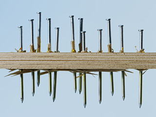 Jagged, erratic row of nails driven through wood board on blue background