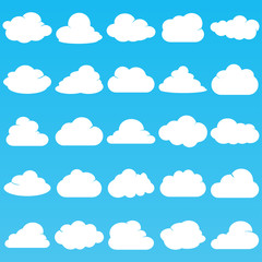 Cloud vector icon set white color on blue background. Sky flat illustration collection for web, art and app design. Different nature cloudscape weather symbols.