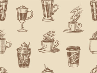 Cups of coffee background in vintage style. Seamless pattern. Take away Cappuccino and Glace, espresso and latte, mocha and Americano, frappe in a glass. Hand drawn engraved retro sketch.