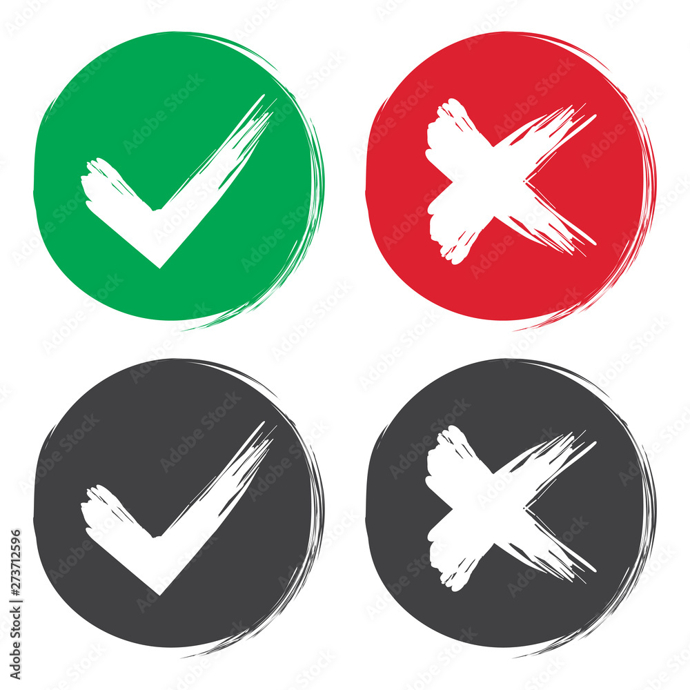 Poster tick and cross brush signs. green checkmark ok and red x icons, isolated on white background. simple