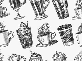 Cups of coffee background in vintage style. Seamless pattern. Take away Cappuccino and Glace, espresso and latte, mocha and Americano, frappe in a glass. Hand drawn engraved retro sketch.