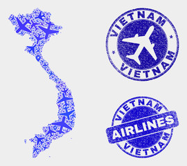 Aircraft vector Vietnam map collage and scratched seals. Abstract Vietnam map is designed from blue flat scattered aircraft symbols and map locations. Transport scheme in blue colors,