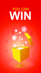 banner you won, lucky, win. open yellow box on red background