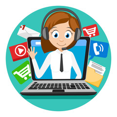 Girl operator waving a hand from the laptop monitor.