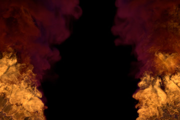 Flame from both image bottom corners - fire 3D illustration of burning wild fire, frame with heavy smoke isolated on black background
