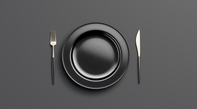 Blank Black Plate Mockup With Fork And Knife, Top View, Isolated, 3d Rendering. Clear Ceramic Dishware With Set Cutlery Design. Empty Dark Table Ware For Lunch Or Dinner In Cafe And Flat Template.