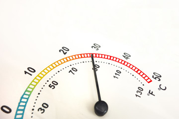 Rise of temperature concept. Closeup of analog needle thermometer with gradient colored scale and black numbers. Copy space to overlay