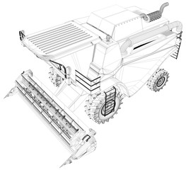 Thin contoured, detailed 3D model of farm agricultural combine harvester isolated on white, agriculture equipment development concept - industrial 3D illustration