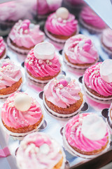 Cupcake packaging, delivery box, vanilla cupcakes with pink and white cream
