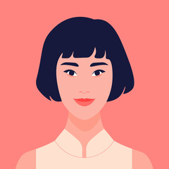 Avatar of an Asian girl. Happy eastern student. The young woman smiles. Vector flat illustration