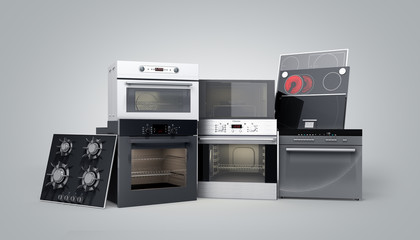 Home appliances built in Group of white 3d render on grey gradient