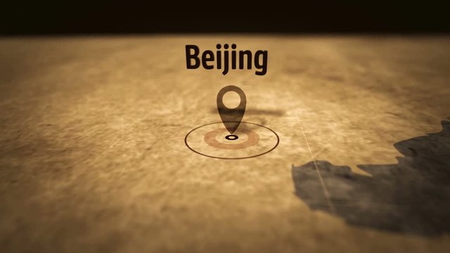 Beijing city on retro map in sepia color. Old atlas chart with mark by pushpin. Vintage maps 3D animation.