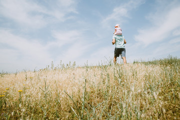 Back view of father carrying little girl on his shoulders in the field