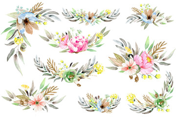 Fototapeta na wymiar Watercolol hand painted floral composition with summer flowers and inflorescences isolated on white background. Healing Herbs for cards, wedding invitation, posters, save the date or greeting design.
