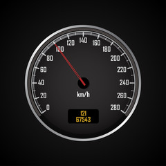 Speedometers. Round black gauge with and without chrome frame. Vector 3d illustration