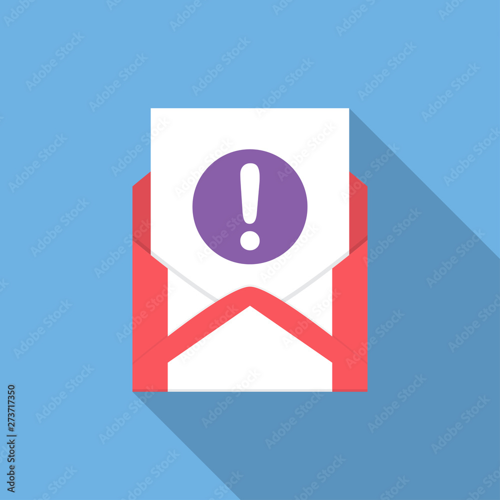 Poster Envelope with document and round purple exclamation point icon. Vector illusrtation