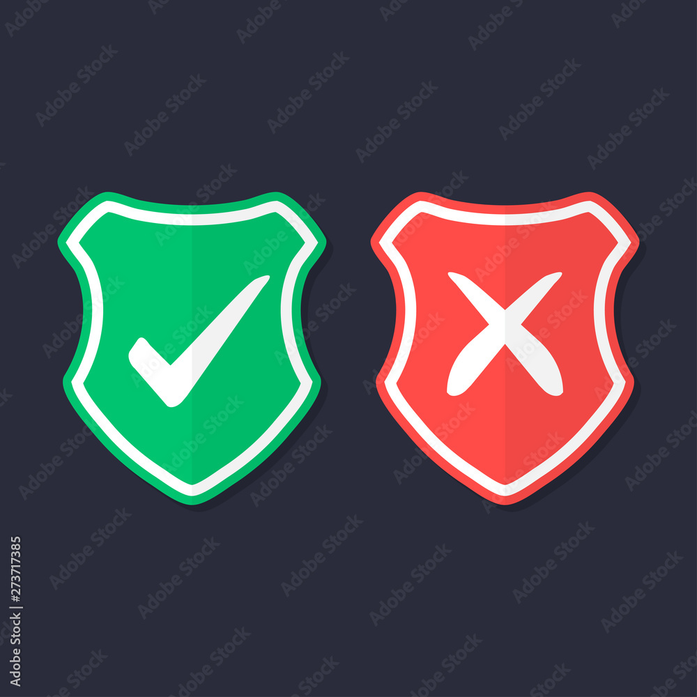 Aufkleber Shields and check marks icons set. Red and green shield with checkmark and x mark. Protection, safety, security, reliability concepts
