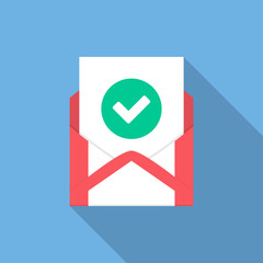Envelope with document and round green check mark icon. Vector illustration