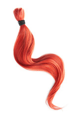 Red hair isolated on white background. Long wavy ponytail