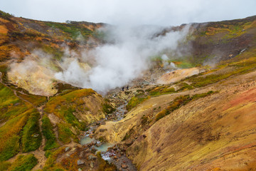 Water vapor over the Valley of Small Geysers. Kamchatka, Russia.