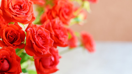 Red roses flowers bouquet with copy space for text at shallow depth of field.