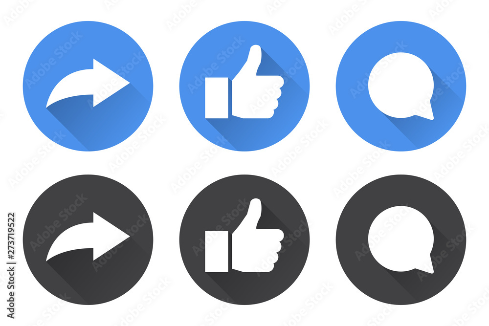 Poster set of share, like and comment icons with long shadow