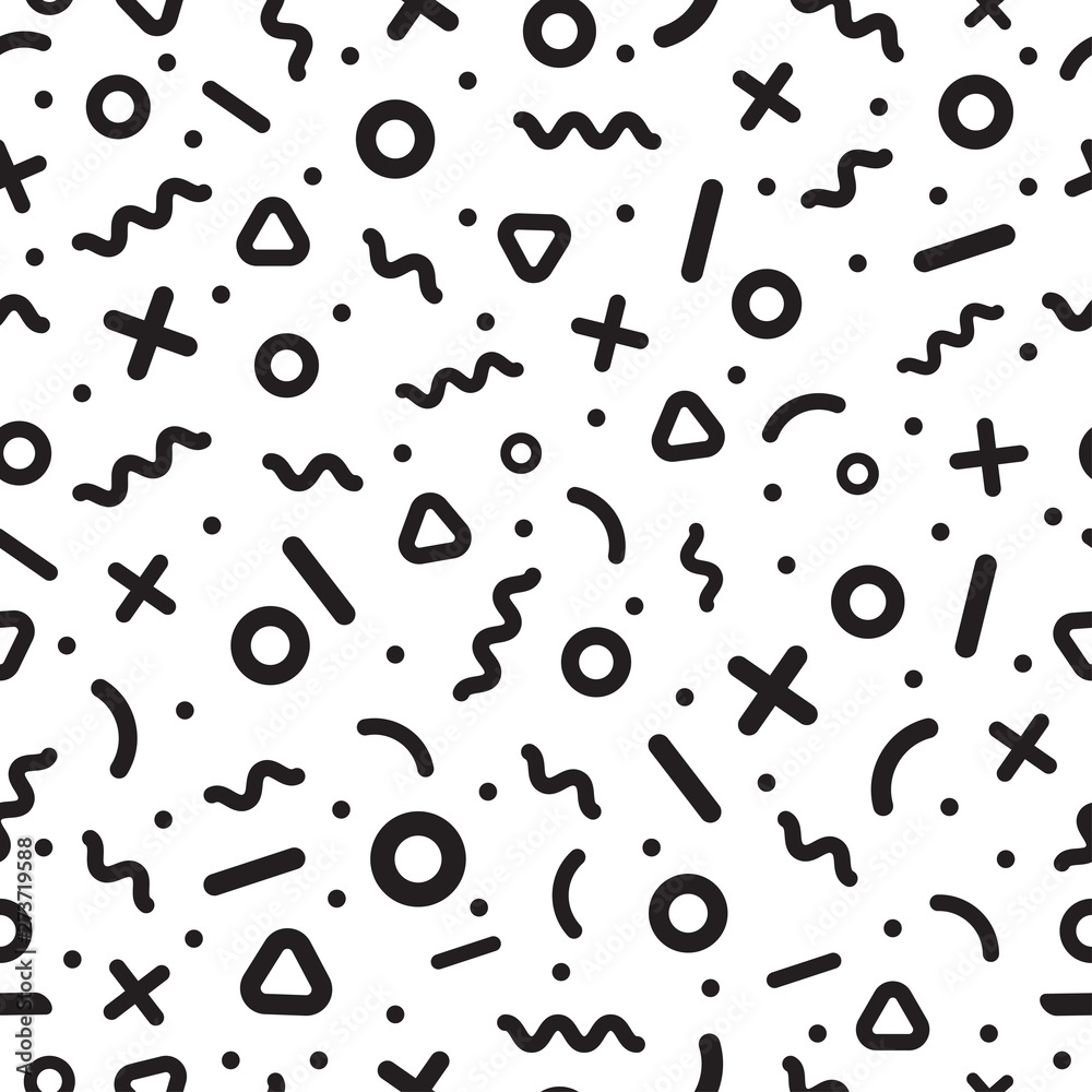 Poster Scattered Geometric Line Shapes. Abstract Background Design. Vector Seamless Black and White Pattern