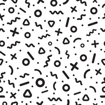 Scattered Geometric Line Shapes. Abstract Background Design. Vector Seamless Black and White Pattern