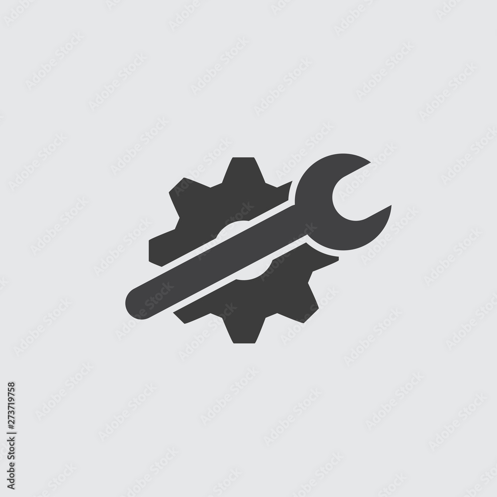 Poster setting wrench and gear icon in black on a gray background. vector illustration