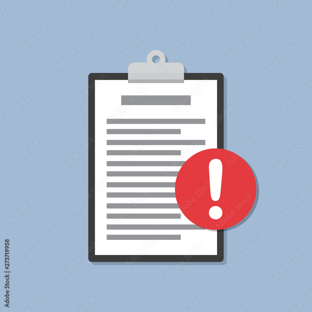 Poster Clipboard with document and exclamation mark in a flat design