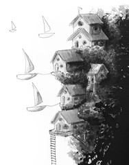Beautiful hand drawn painting of sailboat docked outside of houses in midair