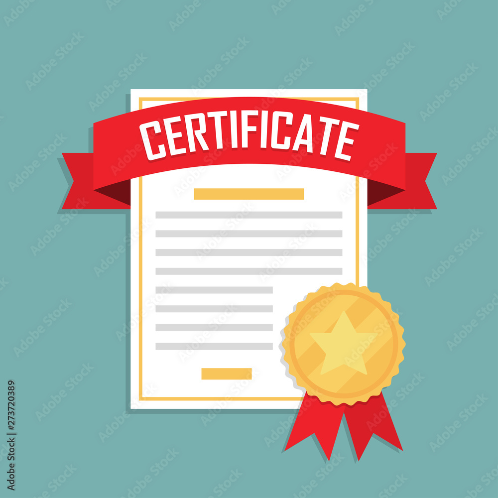 Poster certificate icon with ribbon and medal in a flat design