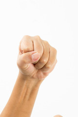 Close-up of a woman's hand and finger on white background