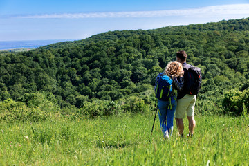 Rear view of young couple enjoying hiking together in nature.