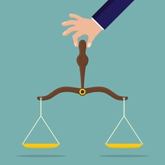 Hand holding justice scale in a flat design