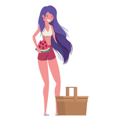 woman with swimsuit and portion of watermelon in hand