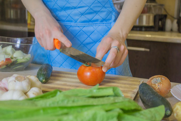 Young Woman Cooking in the kitchen. Healthy Food. Cropped image of young girl cutting vegetables for Food