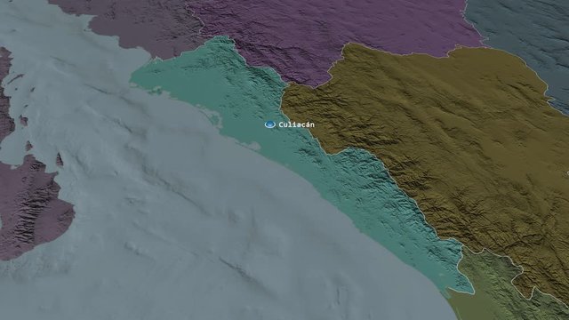 Sinaloa - state of Mexico zoomed on the administrative map of the globe. Animation 3D