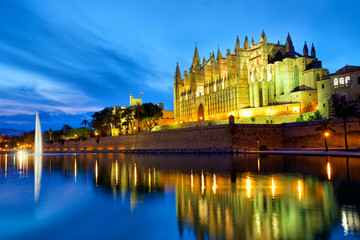 Cathedral Santa María in Palma de Mallorca at dusk, Spain