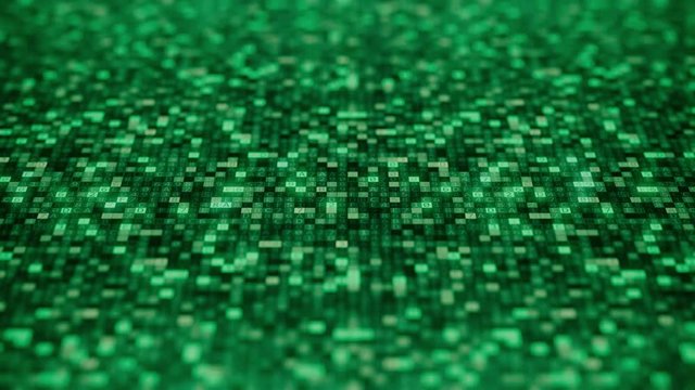 Flashing hexadecimal symbols on a green computer screen compose ONLINE word. Loopable 3D animation