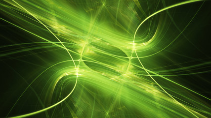 Abstract green background element on black. Fractal graphics 3d Illustration. Three-dimensional composition of glowing lines and motion blur traces. Movement and innovation concept.