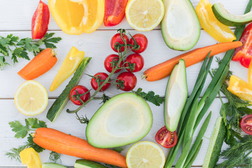 Fresh organic vegetables, cherry tomatoes, avocado, cucumbers, carrot, red and yellow pepper, green. Vegan food, healthy lifestyle concept