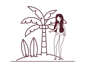 woman with swimsuit on the beach and surfboard