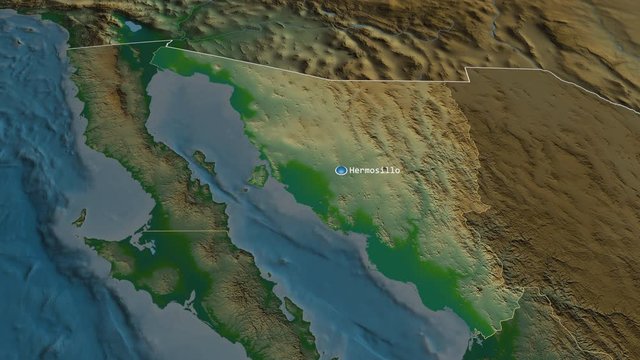 Sonora - state of Mexico zoomed on the physical map of the globe. Animation 3D